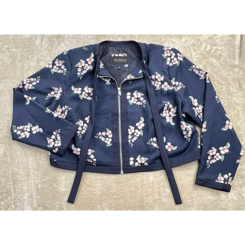 EUC Eloquii Navy Blue Floral Cherry Blossom Cropped Zip Up Jacket Plus Size 18